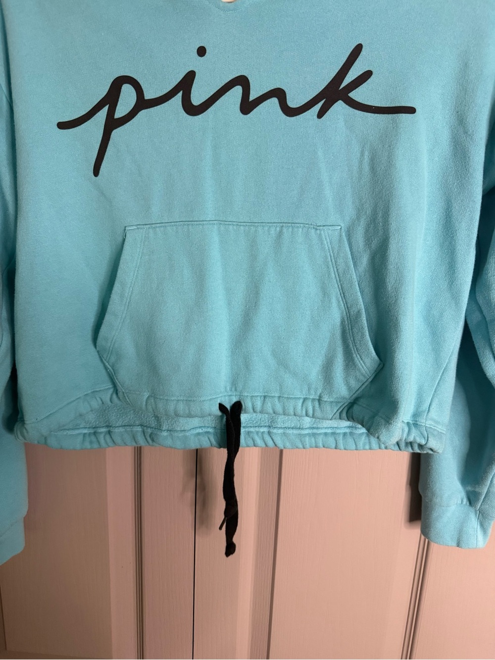 PINK Victoria's Secret Light Blue Hoodie with Black Script - Picture 3 of 4